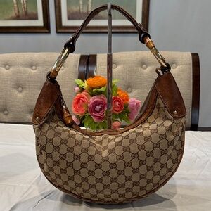Gucci Brown Monogram Canvas Bamboo Hobo Bag